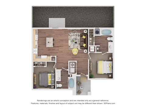 Floor plan for 2 beds, 2 baths, 1205 sqft